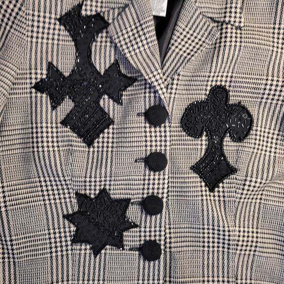 IBE Womens Blazer Jacket 10 Vintage 90s Silk Wool Houndstooth Black Tan Y2K - Picture 6 of 9